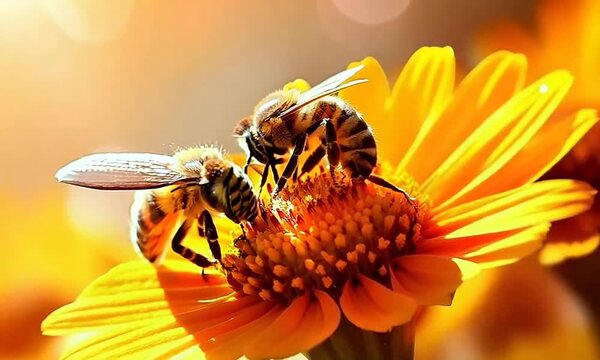 bees on blossom flowers background