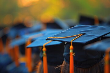 Graduation ceremony with focus on caps and gowns in sunlight