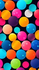 Bright, colorful bubbles of various sizes create a lively atmosphere against a dark backdrop, perfect for enhancing any interior or digital space