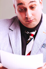 Sly salesman reading contract with suspicious expression