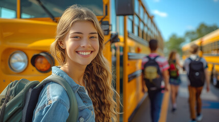 Portrait of a smiling teenage girl standing in front of school bus