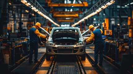 Naklejka premium Workers inspecting cars on an assembly line