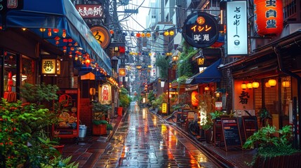 Vibrant Japanese Street with Lanterns and Restaurants at Night