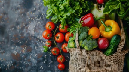 Assorted fresh vegetables spilling out of a rustic burlap bag, showcasing the vibrant colors and variety of healthy produce.