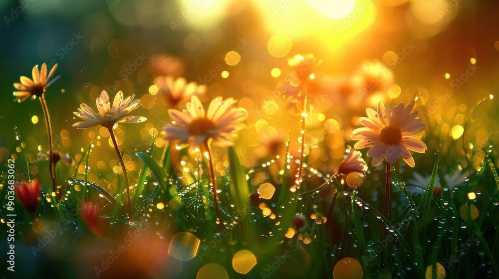 Poster sunlit daisies in a dewy field with sparkling bokeh lights, creating a warm and magical morning scen