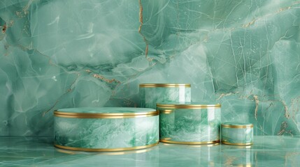 A set of four green pedestals with gold accents, arranged in a row