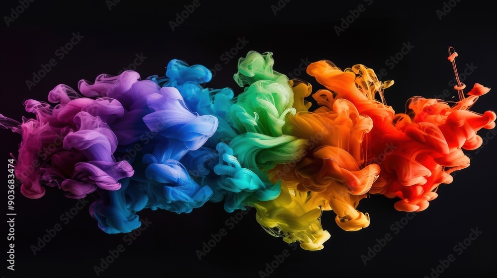 Poster abstract image of vibrant, colorful ink swirling in water against a dark background, creating a dyna