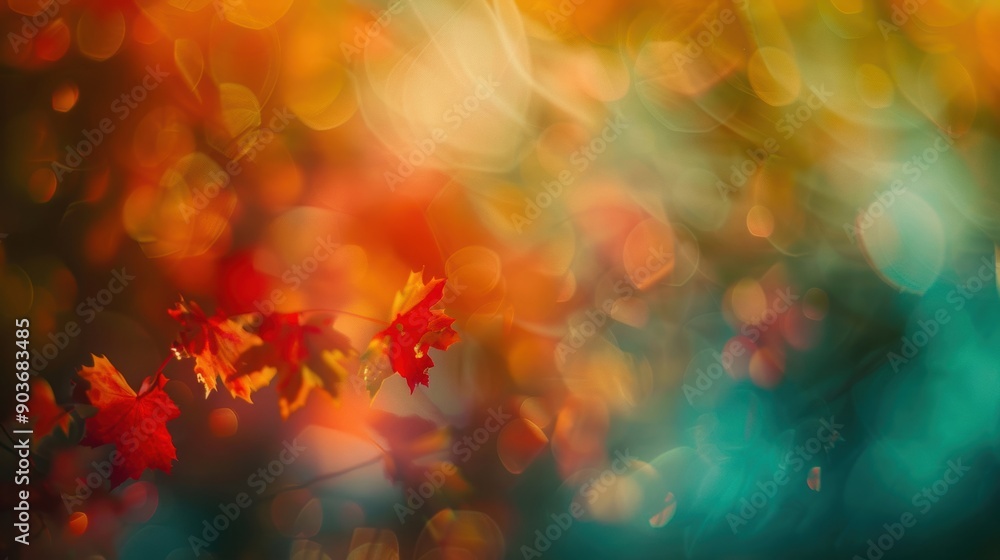 Poster red and orange autumn leaves with a colorful bokeh background, creating a dreamy and vibrant fall at