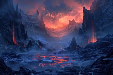 Snowy mountain landscape with lava river and distant city