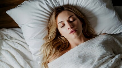 Obraz premium Beautiful woman sleeping on bed at night, good rest bedtime, getting enough quality sleep for optimal health