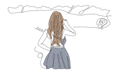 The girl looks into the distance. drawing in one line without taking your hand off.