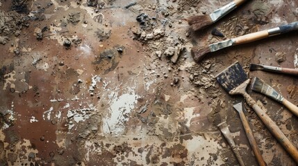 A close-up of a potters well-worn tools laid out on a clay-splattered work surface