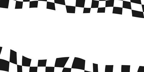 Race checker flag background. Finish check rally background. Wavy psychedelic chessboard pattern. Hippie twisted gingham checkerboard frame. Vector illustration isolated on white background.