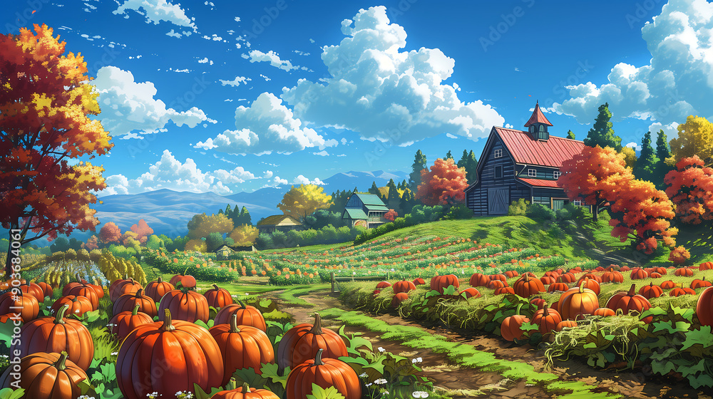 Poster beautiful autumn day in the pumpkin patch with colorful trees and clouds in the sky old barn surroun