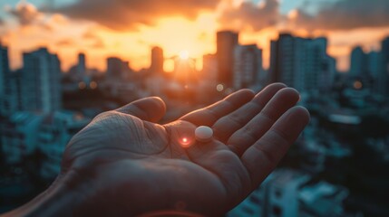 A hand holding a small white pill