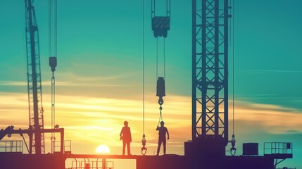 Workers operating cranes and industrial equipment