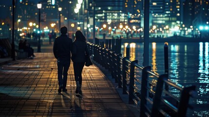 Silhouettes of a Couple Walking by the Water at Night