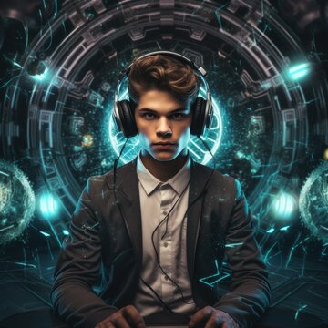 A man wearing headphones and a suit is sitting in front of a blue background