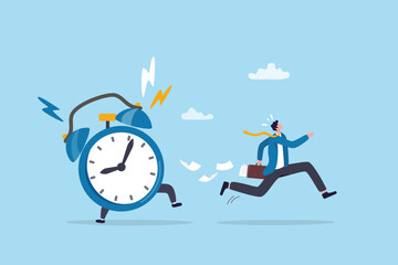 Late, hurry to go to work, rushing or running fast before deadline, speed or busy job, pressure or challenge to finish work in time, urgency concept, frustrated businessman hurry running to work late.
