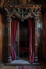 Ornate Wooden Confessional Booth With Velvet Curtains in a Historic Church