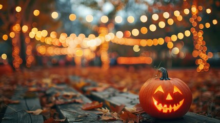 A carved Halloween pumpkin glowing warmly amidst festive string lights and autumn leaves, creating a spooky yet cheerful atmosphere.