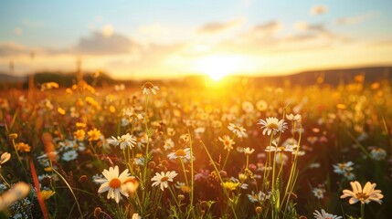 A picturesque wildflower meadow bathed in the golden light of sunset, capturing the essence of nature's beauty.