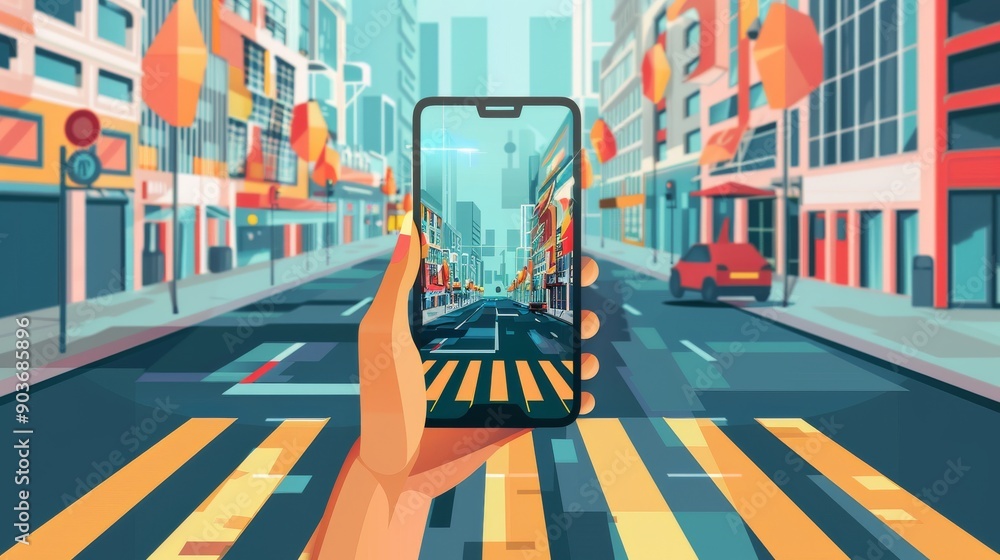 Poster smartphone with augmented reality application, displaying digital overlays on a real world backgroun