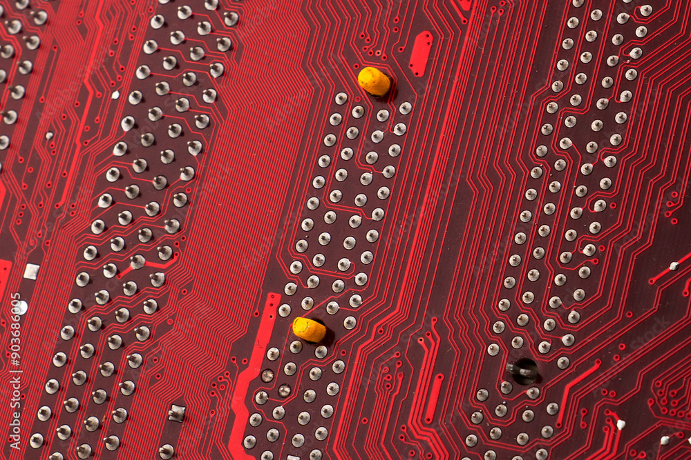 Poster circuit board with resistors microchips and electronic components background. computer hardware tech