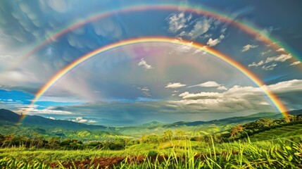 Fototapeta premium Double Rainbow Over Lush Green Mountains