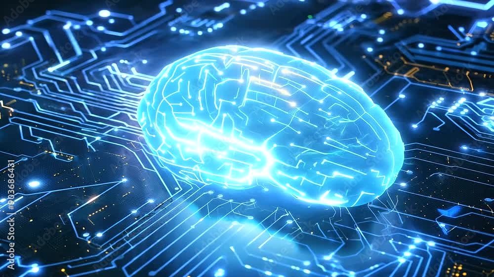 Poster d rendering of a glowing blue brain on a circuit board, advanced technology, artificial intelligence