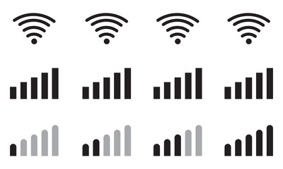 Set with mobile network level for mobile device Mobile or internet level icons isolated, Connection icon set. Mobile phone bar icons. Signal strength Icon. Signal strength indicator. Wireless Symbol.