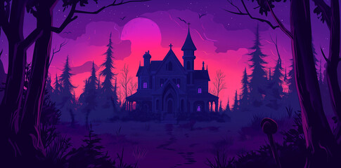 illustration of a spooky haunted house with whimsical gothic architecture in a playful cartoon style as a flat design. Cartoon illustration of a fantasy mansion in a forest at night, detailed vector a