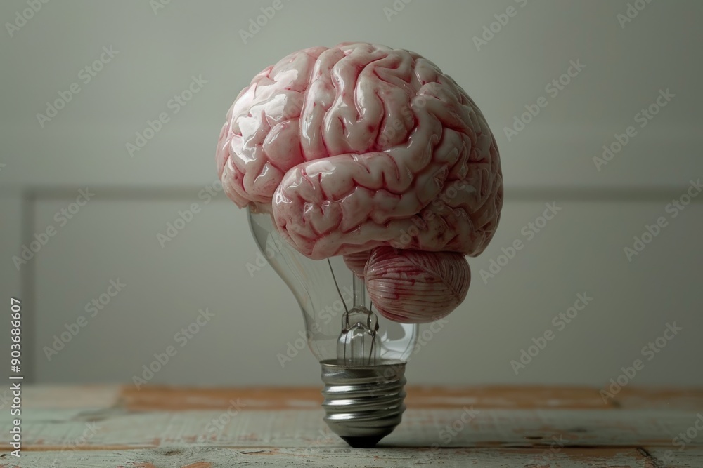 Sticker brain lightbulb on wooden table creativity and innovation concept neutral tones daylight setting men