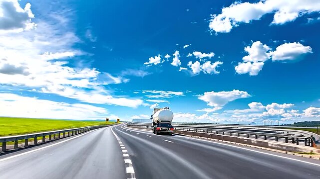 tanker truck transporting flammable liquids on a highway, blue sky with clouds, safety warning sign, professional transport, with copy space