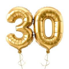 Golden Foil Number 30 Balloons for Celebrating a 30th Birthday or Anniversary