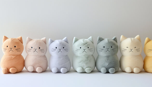 A lineup of adorable, plush toy cats in various pastel colors sitting against a plain white background, each with cute, minimalist features and expressions.