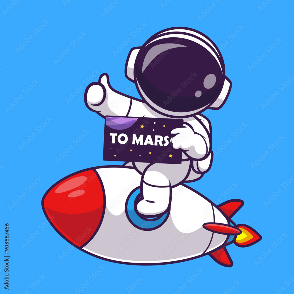 Wall mural cute astronaut riding rocket to mars cartoon vector icon illustration science technology icon concep
