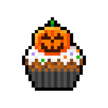 Cupcake with cream cheese frosting and pumpkin on it isolated on transparent background. Halloween muffin pixel icon. Vector pixel art illustration in 16 bit old style.