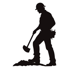 Silhouette of a construction worker holding a pickaxe. 