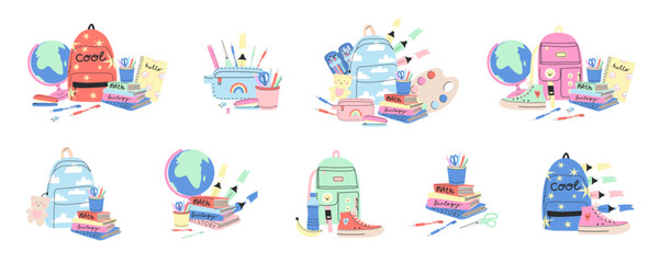 Fototapeta premium School supplies. Cute stationery. Backpack, pen and pencil. Study books. Stapler and glue. Adhesive tape and paper notes. Scissors or highlighter marker. Education vector cute cartoon illustration