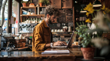 Fototapeta premium A young entrepreneur working on a laptop in a trendy coffee shop