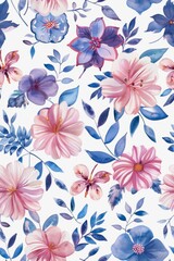 Seamless pattern with a mix of floral and geometric designs in a watercolor style.