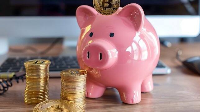 Piggy bank with stack of bitcoin on the desk. Saving and investment concept. - Powered by Adobe
