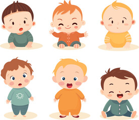 Cute little baby kid set showing different faces illustration. Vector is in flat style. An active child aged 6 months to one year is sitting. The first year of a child's life. Healthy children's game.