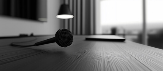 black-and-white modern microphone table setup minimalistic workspace podcast recording professional sound equipment sleek design background banner copy space influencer youtuber recording ad

