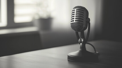  black-and-white retro microphone podcast studio minimal workspace monochrome recording setup...