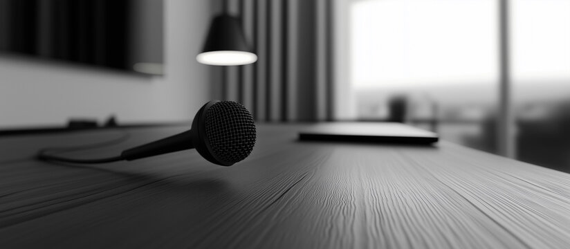 black-and-white modern microphone table setup minimalistic workspace podcast recording professional sound equipment sleek design background banner copy space influencer youtuber recording ad

