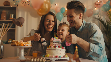 A family celebrating a birthday with a cake and decorations, capturing joyful moments