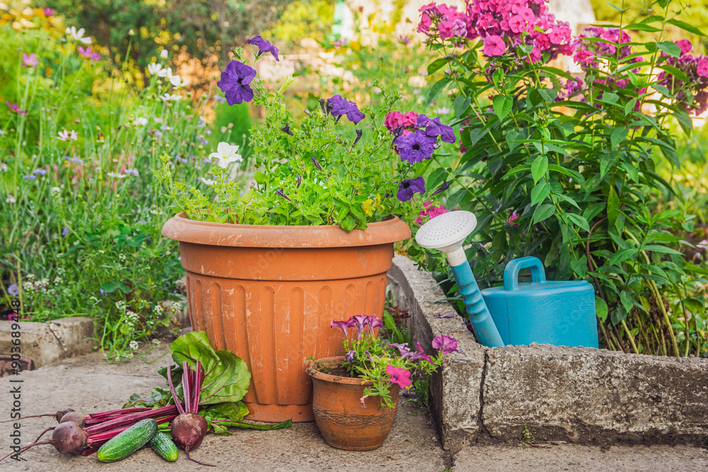 Wall mural a nice corner in an old garden with flowers in pots, vegetables and a watering can. fragment of land