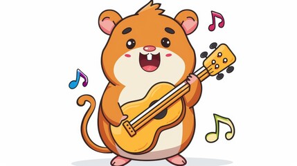 Fototapeta premium A fun childrens character plays guitar, surrounded by musical notes, ideal for art schools and music clubs for kids.